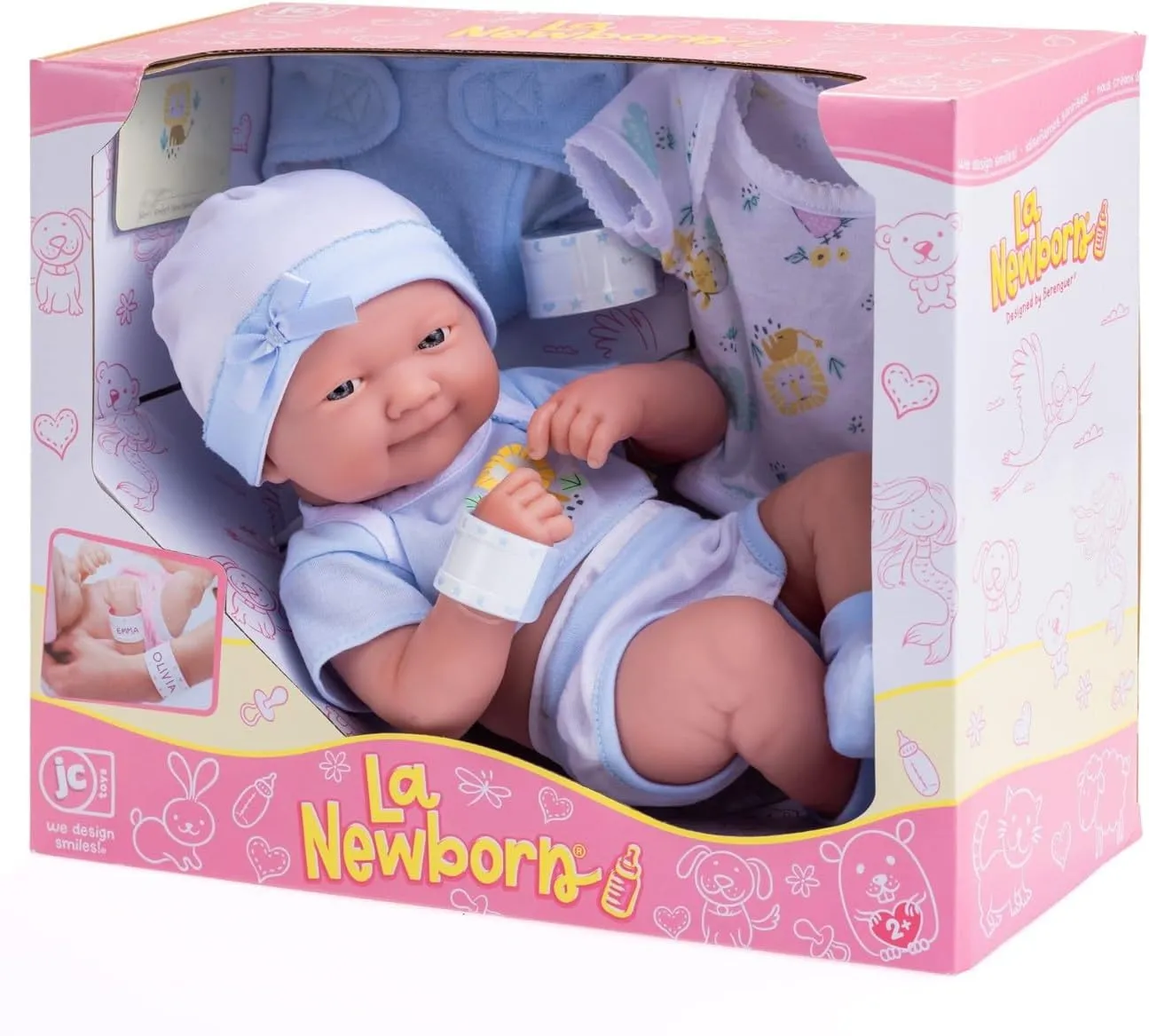 8 piece Layette Baby Doll Gift Set | JC Toys - La Newborn Nursery | 14" Life-Like Smiling Doll w/ Accessories | Blue | Ages 2 
