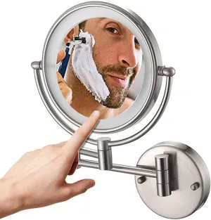 8" Wall Mounted Makeup Mirror with 5X Magnification, Lighted Shaving Mirror for Bathroom, 360° Swivel Double Side Extendable Vanity Mirrors, Brushed Nickel,Plug