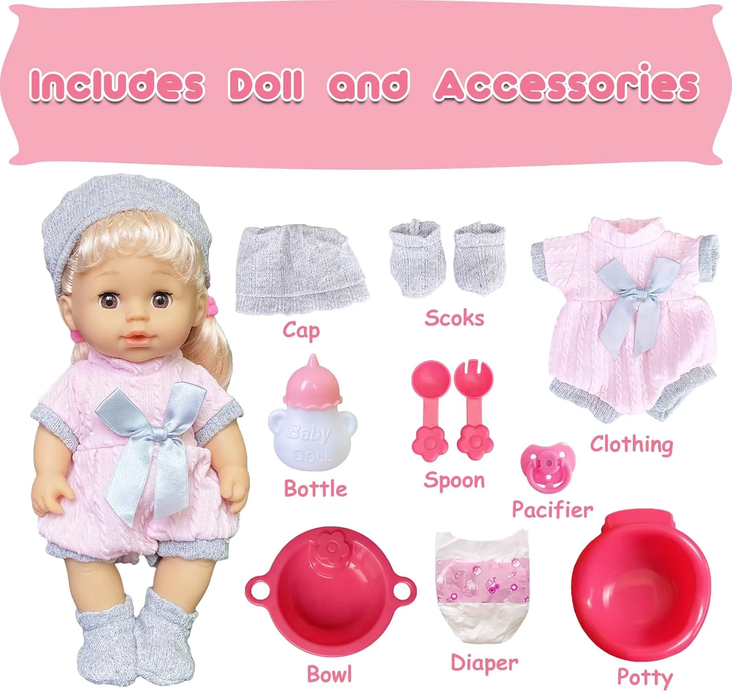 9 PCS 12 inch Alive Lovely Doll Baby with Clothes Lovely Newborn Doll Hairband Shoes 2 Bibs Nursing Bottle Plate Spoon for Kid