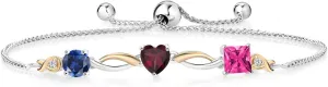 925 Silver and 10K Yellow Gold Blue Created Sapphire Red Rhodolite Garnet Pink Mystic Topaz and Lab Grown Diamond Tennis Bracelet for Women By Keren Hanan (2.12 cttw, Adjustable Up To 9 Inch)