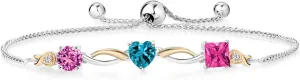 925 Silver and 10K Yellow Gold Pink Created Sapphire London Blue Topaz Pink Mystic Topaz and Lab Grown Diamond Tennis Bracelet for Women By Keren Hanan (2.30 cttw, Adjustable Up To 9 Inch)