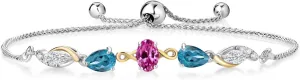 925 Silver and 10K Yellow Gold Pink Created Sapphire London Blue Topaz White Moissanite and Lab Grown Diamond Tennis Bracelet for Women By Keren Hanan (1.54 cttw, Adjustable Up To 9 Inch)