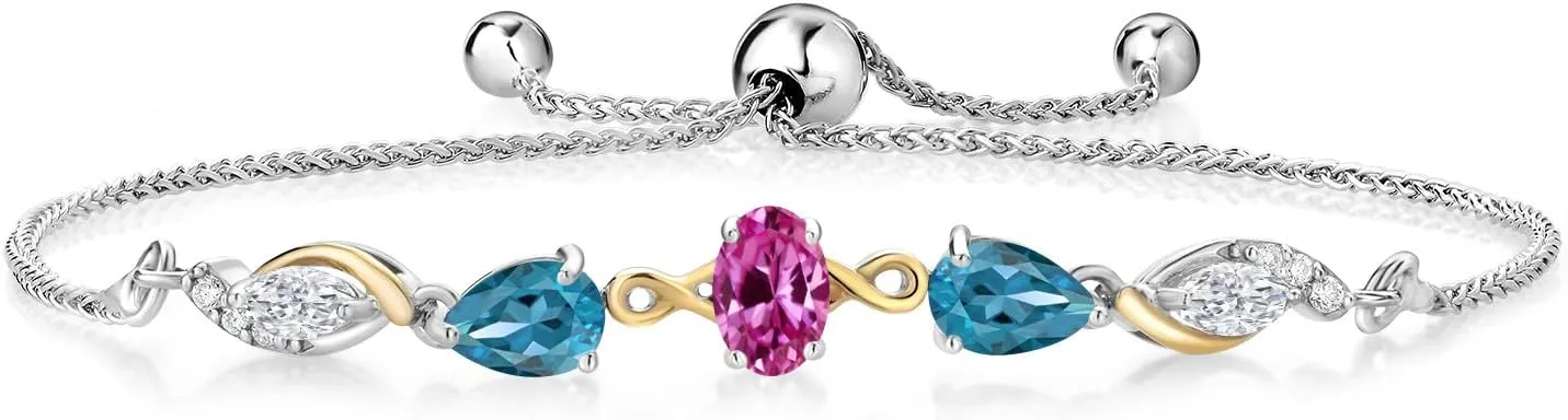 925 Silver and 10K Yellow Gold Pink Created Sapphire London Blue Topaz White Moissanite and Lab Grown Diamond Tennis Bracelet for Women By Keren Hanan (1.54 cttw, Adjustable Up To 9 Inch)