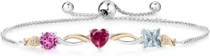 925 Silver and 10K Yellow Gold Pink Created Sapphire Red Created Ruby Sky Blue Aquamarine and Lab Grown Diamond Tennis Bracelet for Women By Keren Hanan (2.01 cttw, Adjustable Up To 9 Inch)