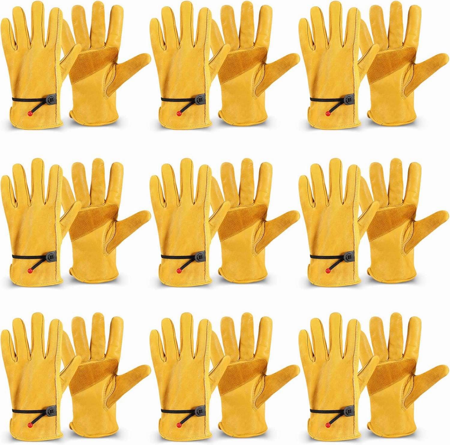 9 Pairs Men's Cowhide Leather Gloves Cowhide Leather Gardening Gloves with Reinforced Palm Stretchable Wrist Tough for Wood Cutting, Construction, Driving, Garden Working Large Size
