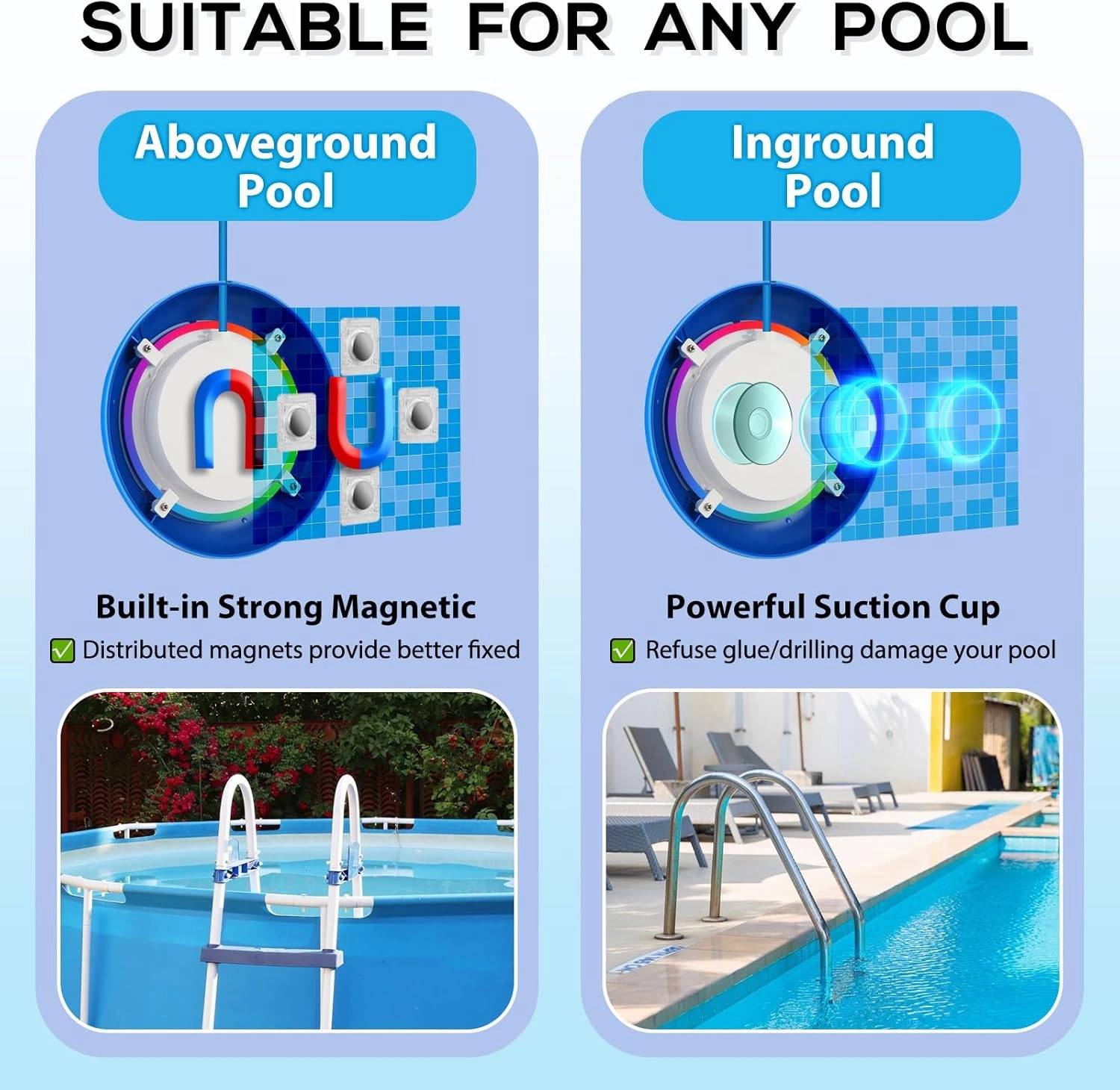 Above Ground Pool Lights with APP Control 20W RGB Dimmable LED Pool Lights with Suction Cups and Built-in Magnets 12V Underwater Pool Light for Above ground Inground Pools IP68 Waterproof 28FT Cord B