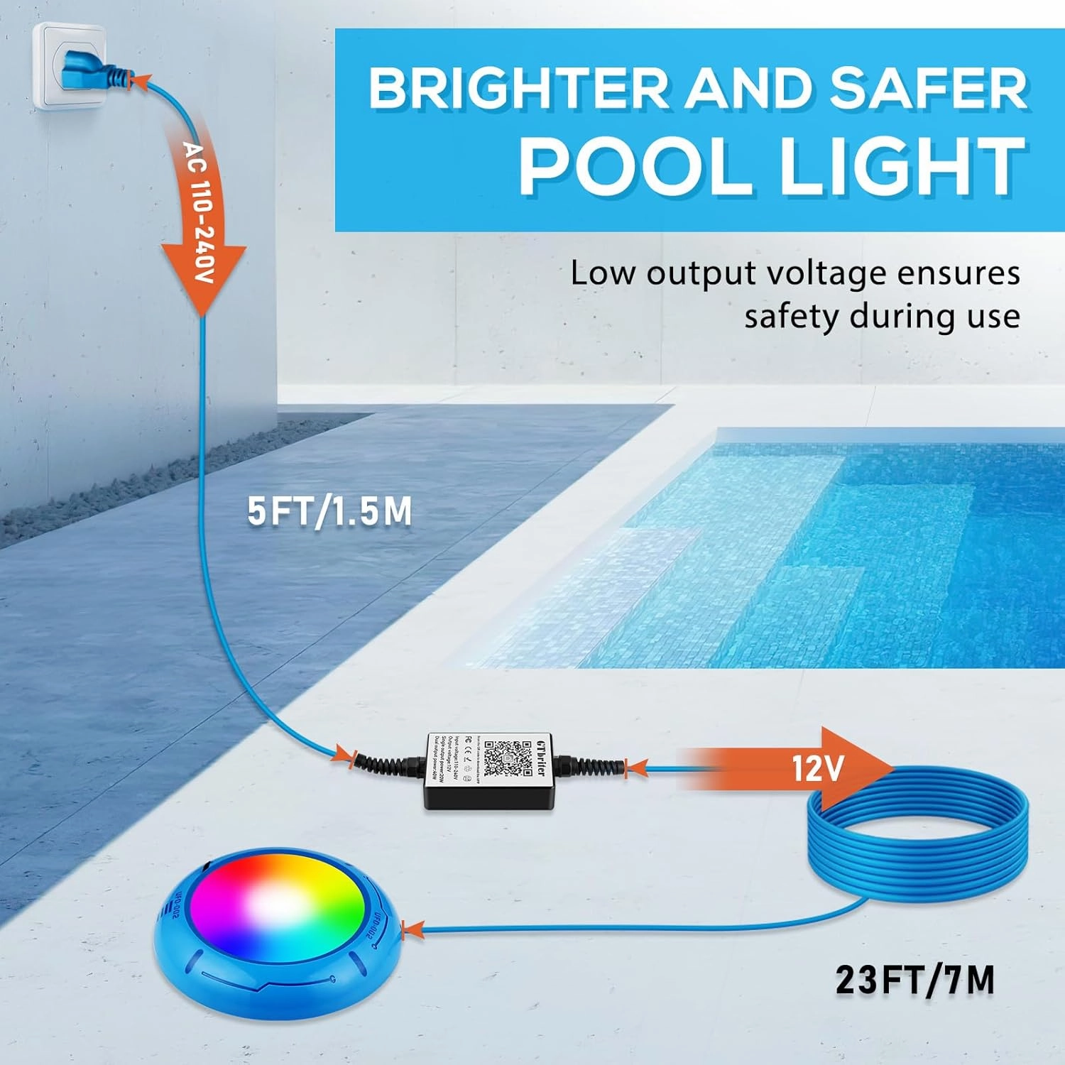 Above Ground Pool Lights with APP Control 20W RGB Dimmable LED Pool Lights with Suction Cups and Built-in Magnets 12V Underwater Pool Light for Above ground Inground Pools IP68 Waterproof 28FT Cord B