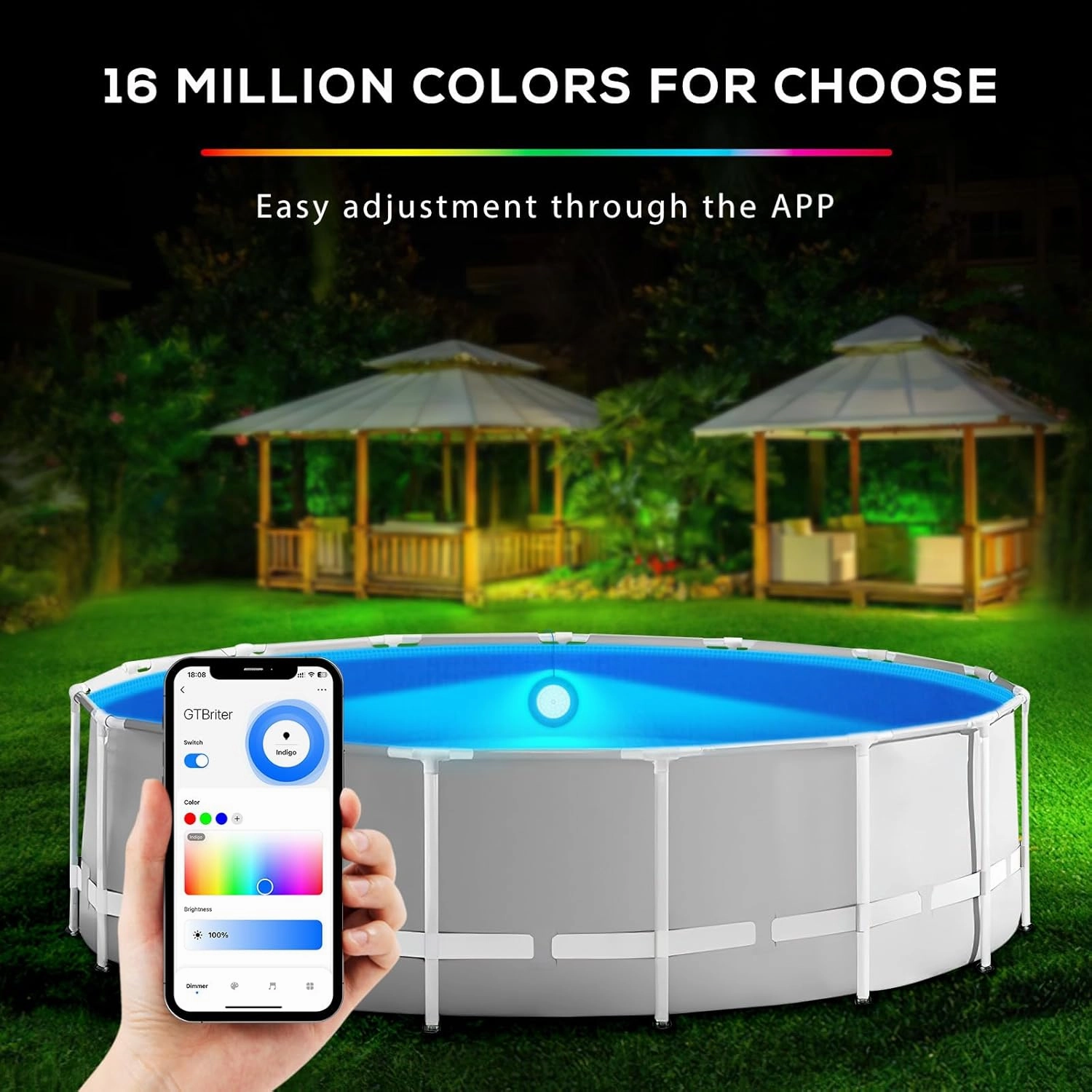 Above Ground Pool Lights with APP Control 20W RGB Dimmable LED Pool Lights with Suction Cups and Built-in Magnets 12V Underwater Pool Light for Above ground Inground Pools IP68 Waterproof 28FT Cord B
