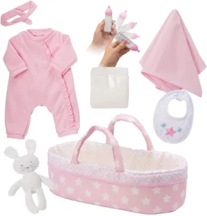 Adora Adoption Babies Essentials, 8-Piece Adoption Baby Doll Accessories and Bunny Toy includes Pink Bassinet, Ruffled Onesie, Headband, Blanket, and Bottle Birthday Gift For Ages 3  - It's A Girl