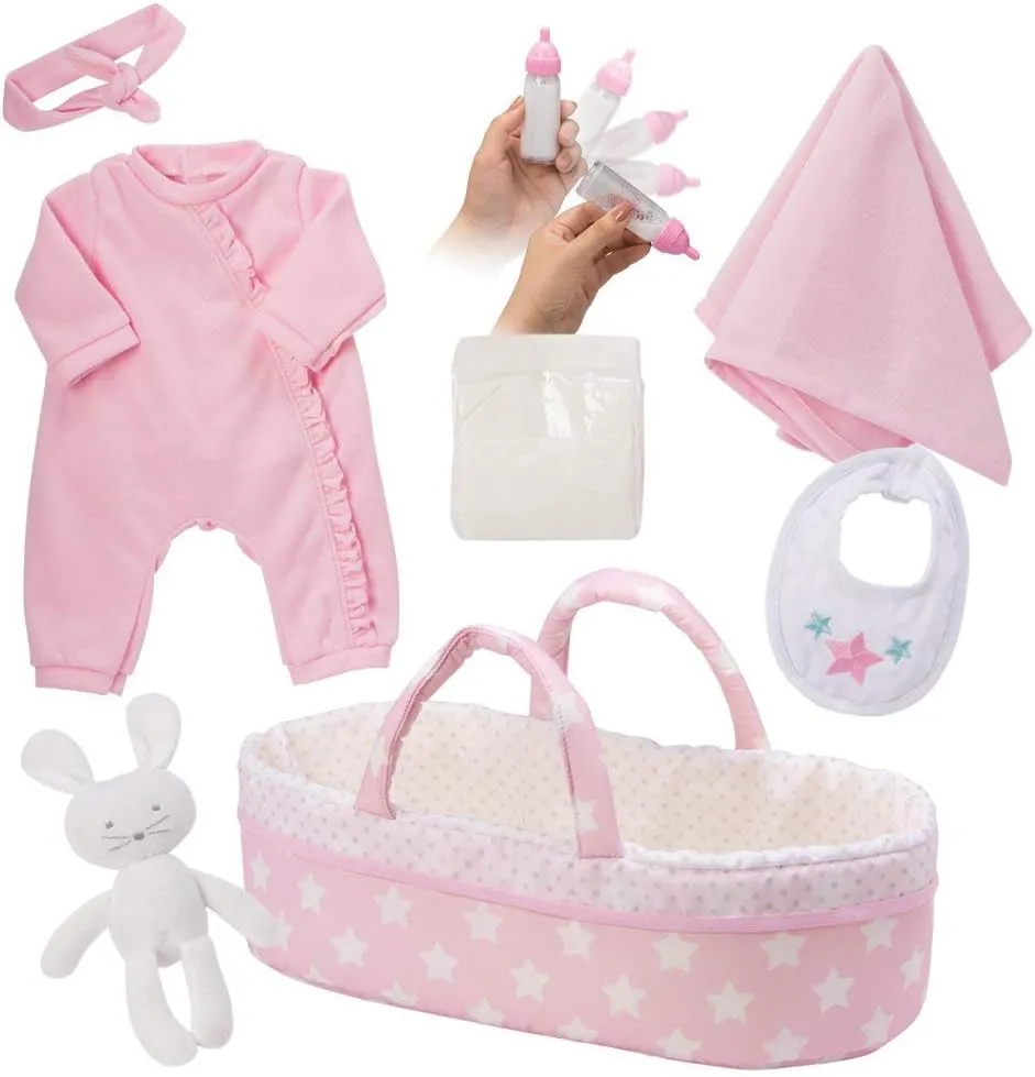 Adora Adoption Babies Essentials, 8-Piece Adoption Baby Doll Accessories and Bunny Toy includes Pink Bassinet, Ruffled Onesie, Headband, Blanket, and Bottle Birthday Gift For Ages 3  - It's A Girl