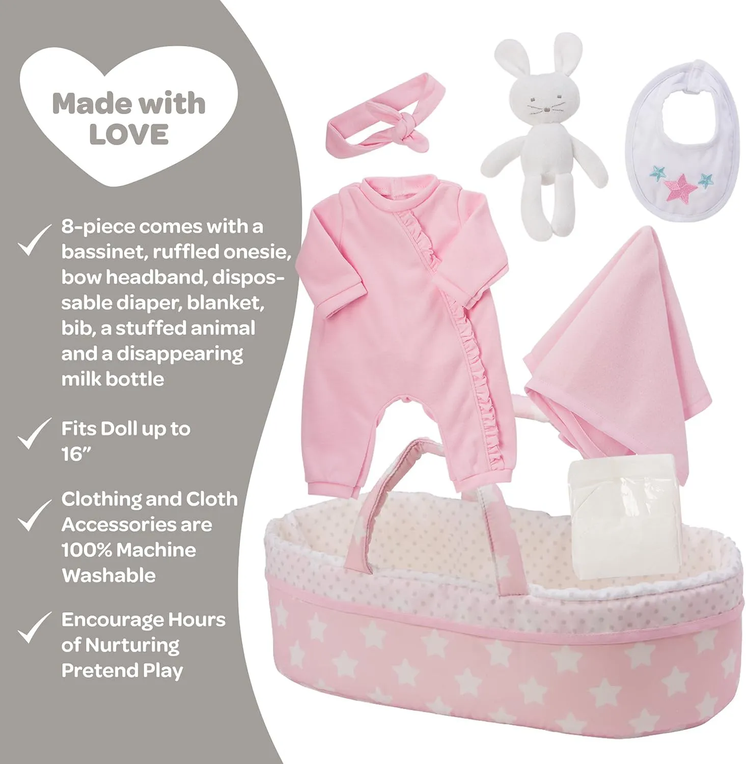 Adora Adoption Babies Essentials, 8-Piece Adoption Baby Doll Accessories and Bunny Toy includes Pink Bassinet, Ruffled Onesie, Headband, Blanket, and Bottle Birthday Gift For Ages 3  - It's A Girl