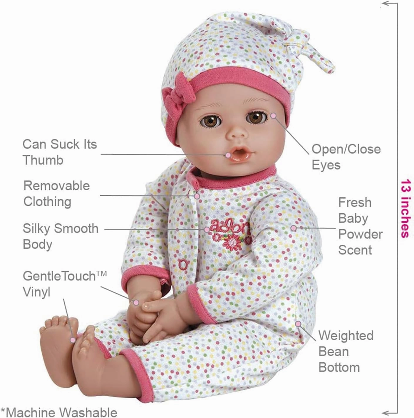 Adora Play Time Babies Collection, 13" Baby Doll with Doll Clothes and Accesories, Made with Sweet Baby Powder Scent, and GentleTouch Vinyl Body, Birthday Gift for Ages 1  - Baby Dot
