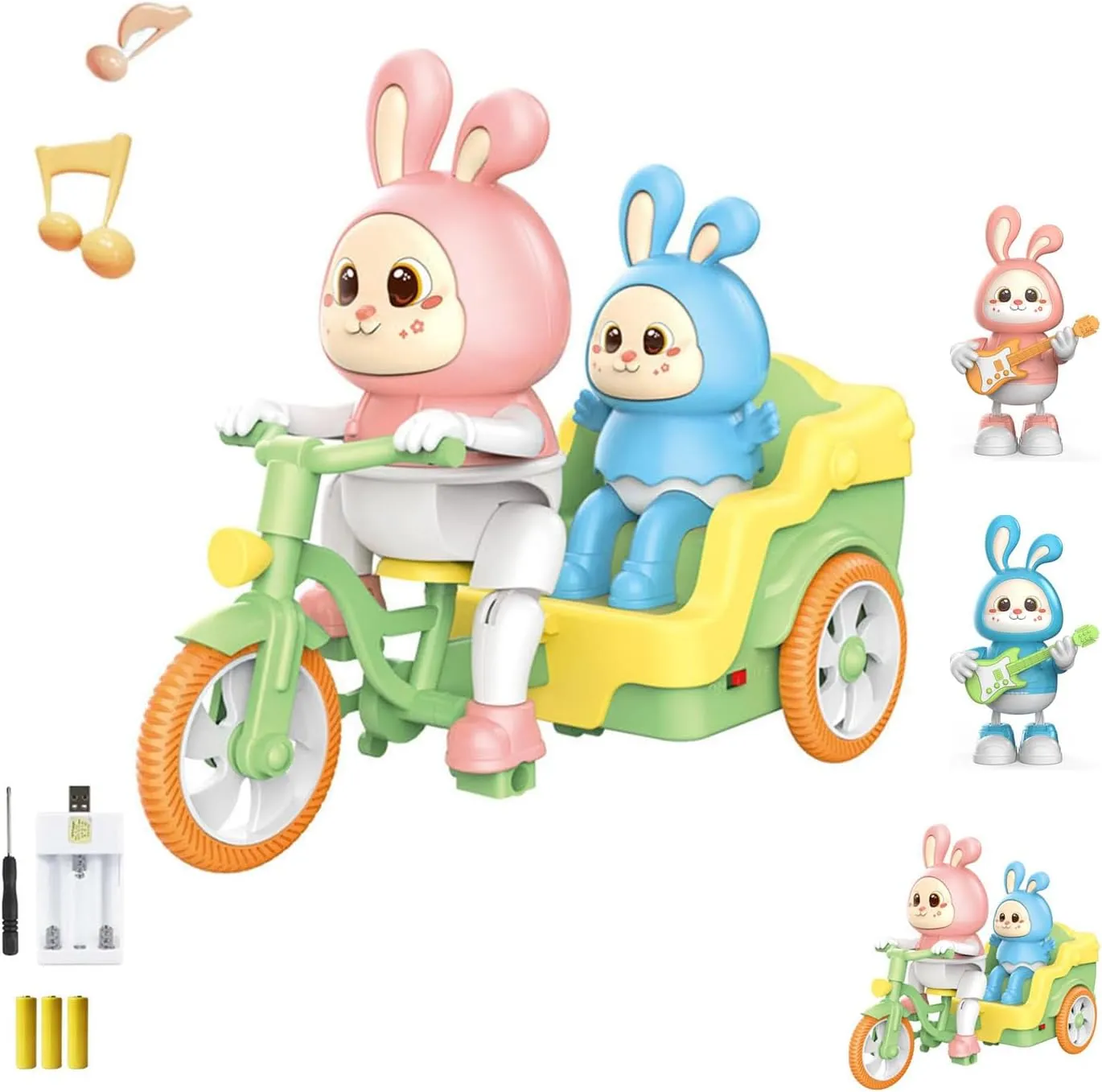 Adorable Rabbit Toy with Charge Battery, 2023 New Electric Cartoon Rabbits Guitarist Toy, Can Singing Dancing Music Lighting Rabbit Tricycle Toys, Christmas Birthday Gifts for Kids (C)