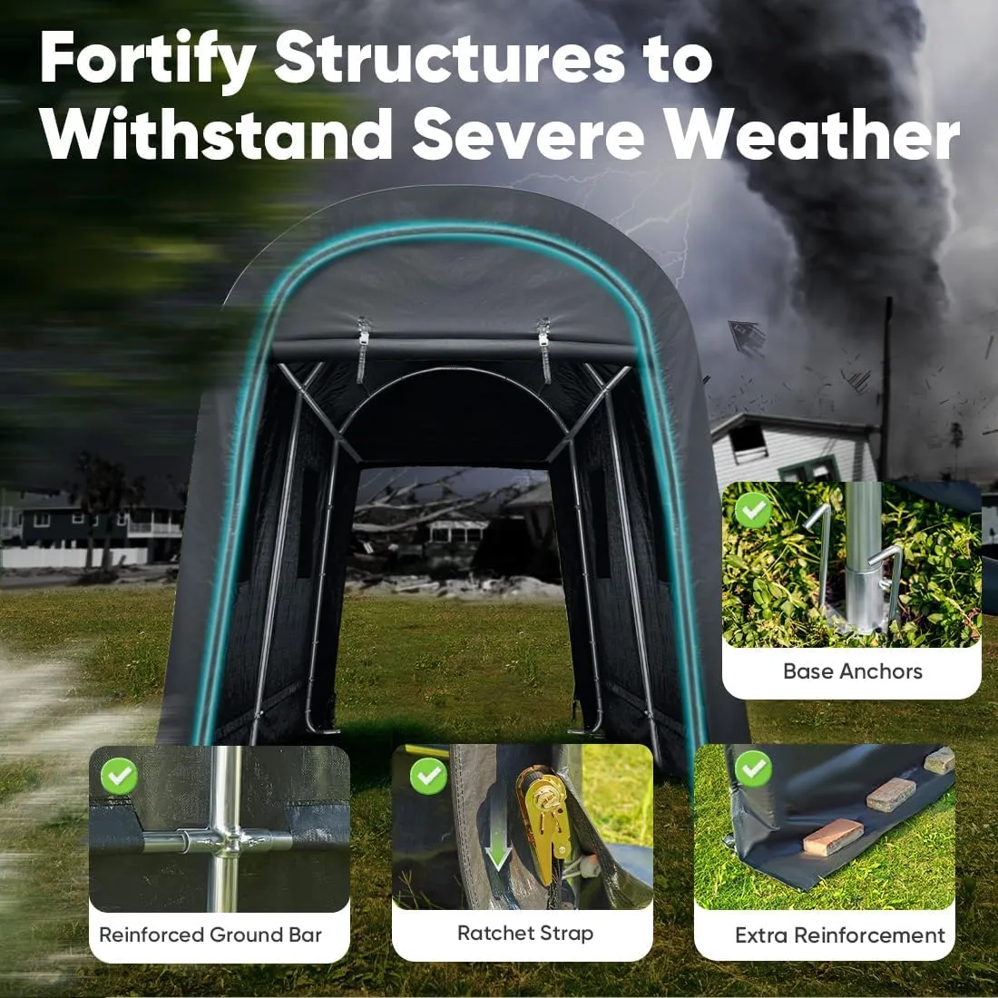 ADVANCE OUTDOOR 7x12 ft Shelter Storage Shed Steel Metal Round Peak Roof Portable Garage Carport for Motorcycle, Boat, or Garden Tools with 2 Roll up Doors & Vents, Gray