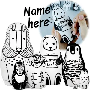AEVVV Black and White Animals Nesting Dolls Personalized Gifts Set 7 pcs - Customized Gifts Matryoshka Doll - Wooden Stacking Animals - Custom Name Puzzle