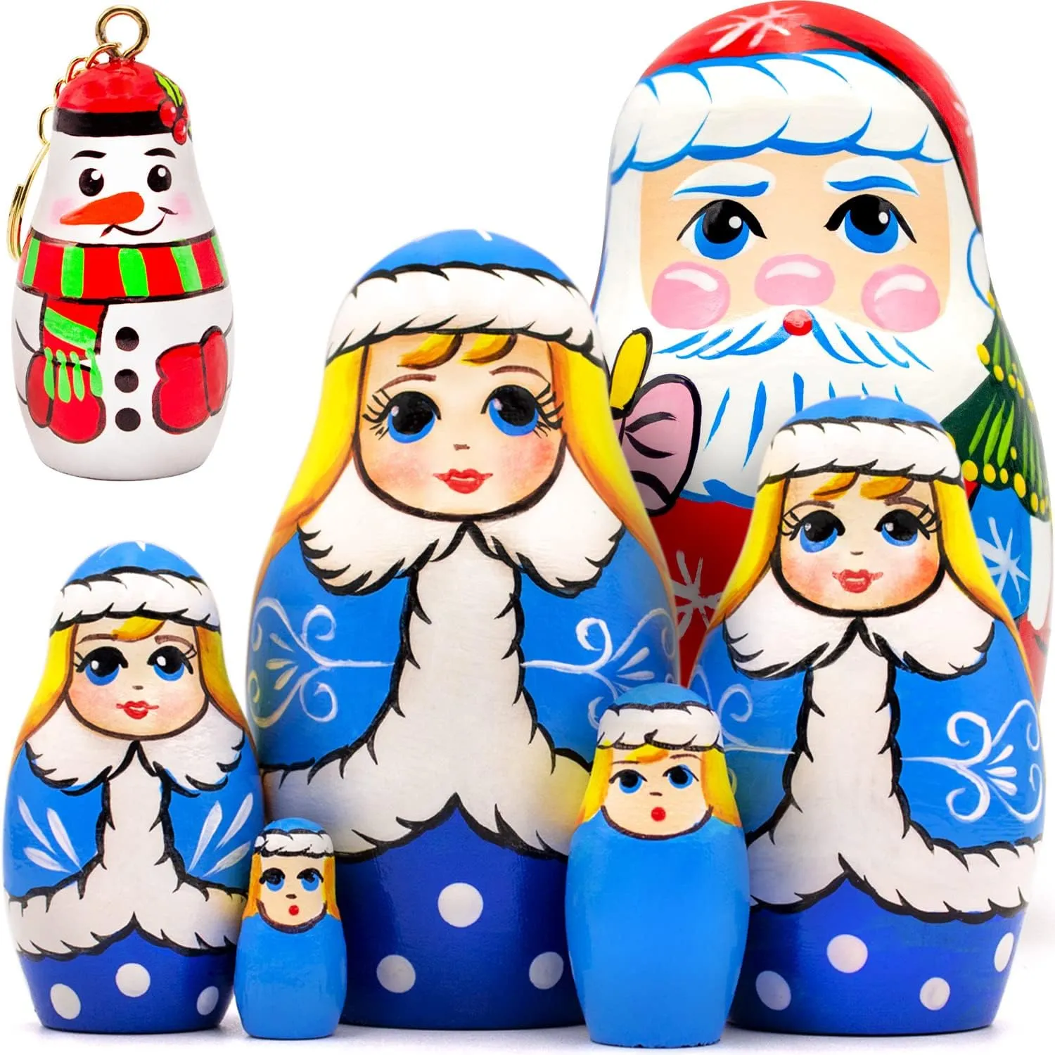 AEVVV Christmas Russian Nesting Dolls Set of 6 pcs - Snow Maiden Santa Nesting Dolls - Christmas Winter Gifts - Christmas Decorations - Snowman Keychain