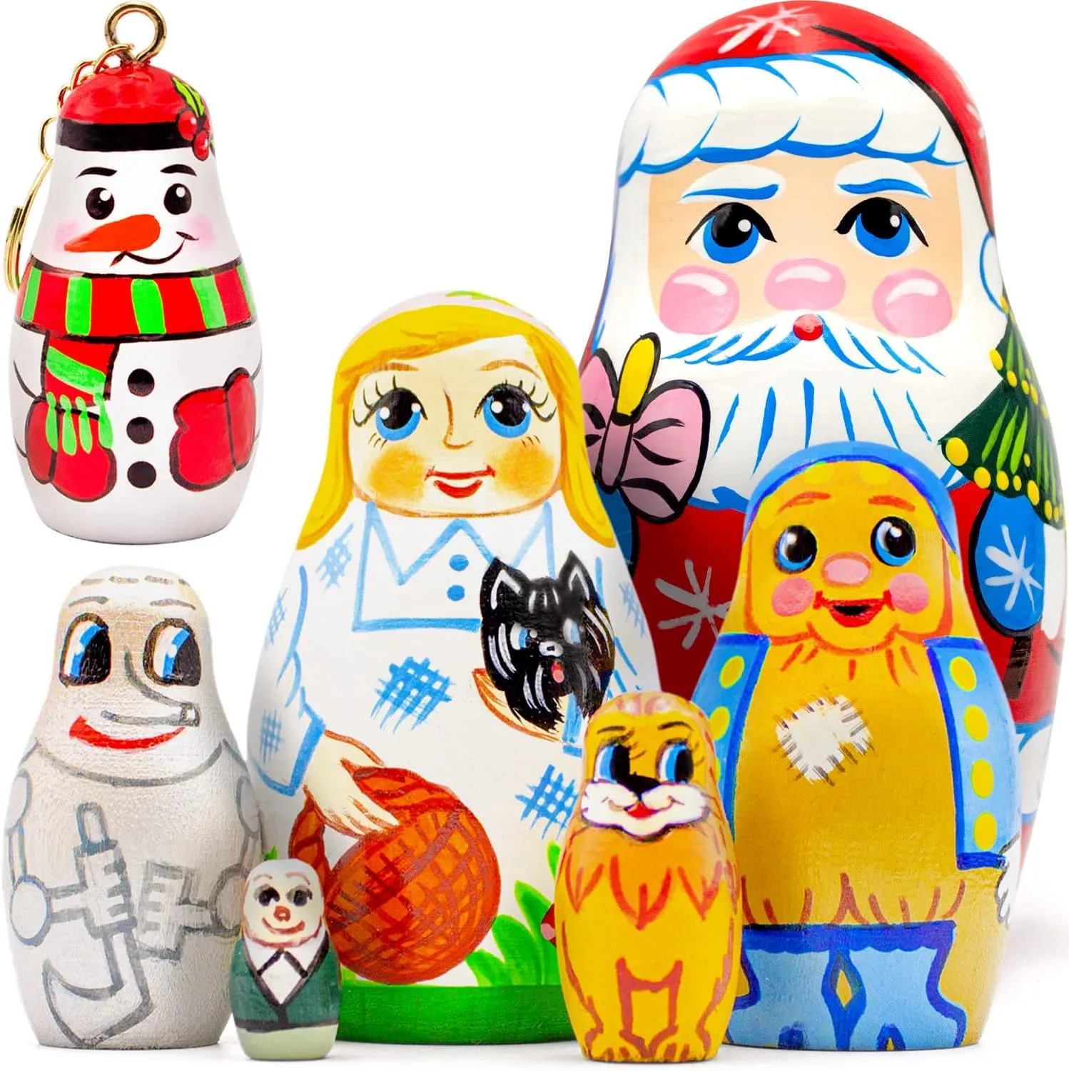 AEVVV Fairy Tale Russian Nesting Dolls Set of 5 pcs   Santa Nesting Doll and Snowman Keychain