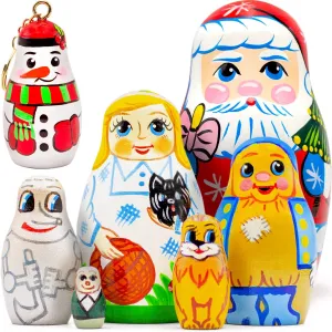 AEVVV Fairy Tale Russian Nesting Dolls Set of 5 pcs   Santa Nesting Doll and Snowman Keychain