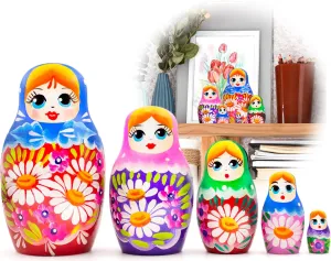 AEVVV Mini Russian Nesting Dolls Set of 5 pcs - Wooden Stacking Dolls - Baboushka Nesting Dolls with Flower Decorations