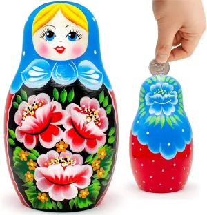 AEVVV Russian Nesting Dolls Piggy Bank 6'' - Matryoshka Doll Wooden Money Bank