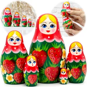 AEVVV Russian Nesting Dolls Set 5 pcs - Traditional Russian Matryoshka with Strawberry Decorations - Birthday Gift Matryoshka Doll with Strawberries