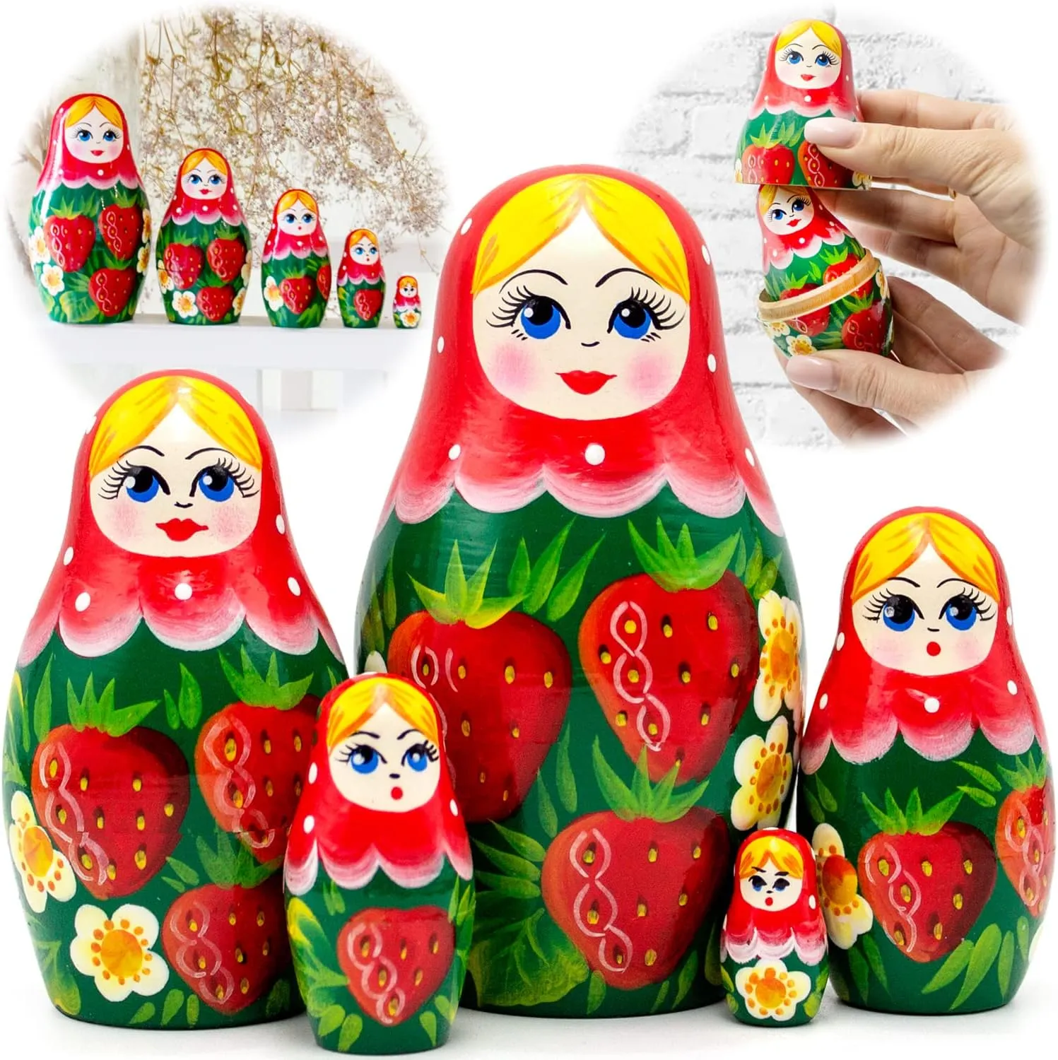 AEVVV Russian Nesting Dolls Set 5 pcs - Traditional Russian Matryoshka with Strawberry Decorations - Birthday Gift Matryoshka Doll with Strawberries