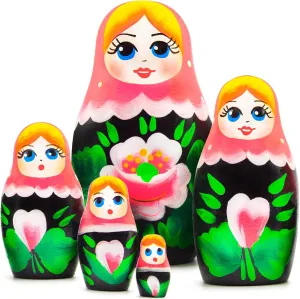 AEVVV Russian Nesting Dolls Set of 5 pcs - Matryoshka in Pink Head Scarf and Sarafan Dress with Chamomile and Poppy Flowers - Poppy Flower Decorations
