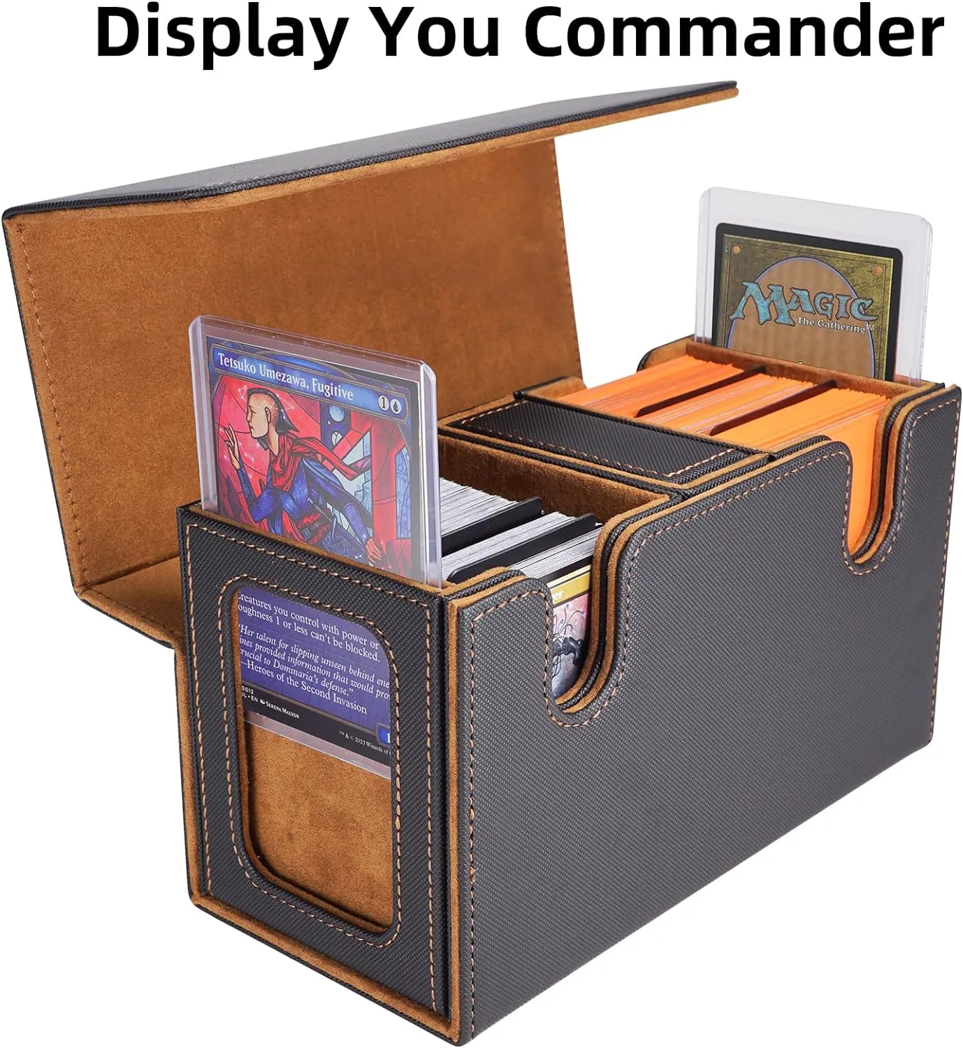 AFIING MTG Commander Deck Box 200 Double Sleeved Cards Storage, 3-in-1 Magnetic Card Case Organizer for Magic: The Gathering TCG CCG, 4 Dividers & 2 Toploaders (Black/Gold)