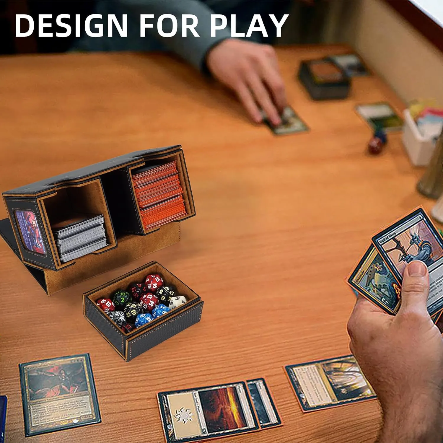AFIING MTG Commander Deck Box 200 Double Sleeved Cards Storage, 3-in-1 Magnetic Card Case Organizer for Magic: The Gathering TCG CCG, 4 Dividers & 2 Toploaders (Black/Gold)