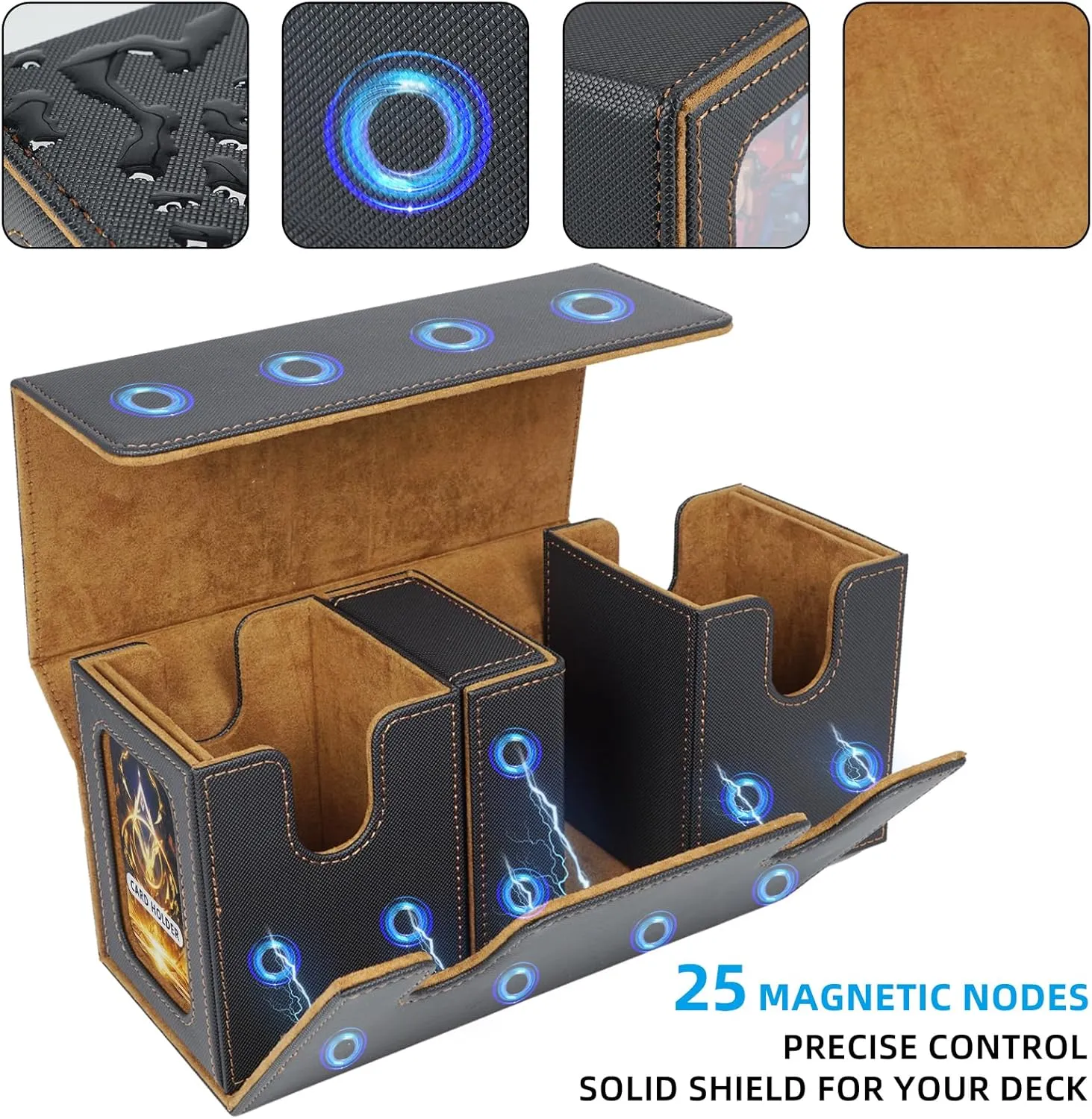 AFIING MTG Commander Deck Box 200 Double Sleeved Cards Storage, 3-in-1 Magnetic Card Case Organizer for Magic: The Gathering TCG CCG, 4 Dividers & 2 Toploaders (Black/Gold)
