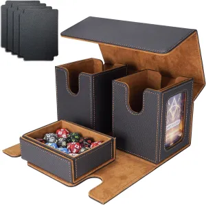 AFIING MTG Commander Deck Box 200 Double Sleeved Cards Storage, 3-in-1 Magnetic Card Case Organizer for Magic: The Gathering TCG CCG, 4 Dividers & 2 Toploaders (Black/Gold)