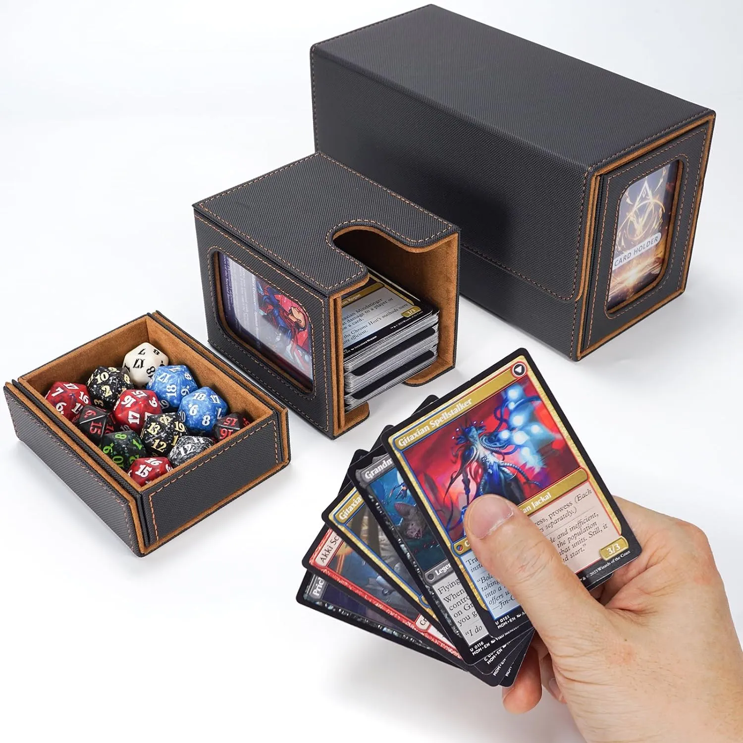 AFIING MTG Commander Deck Box 200 Double Sleeved Cards Storage, 3-in-1 Magnetic Card Case Organizer for Magic: The Gathering TCG CCG, 4 Dividers & 2 Toploaders (Black/Gold)
