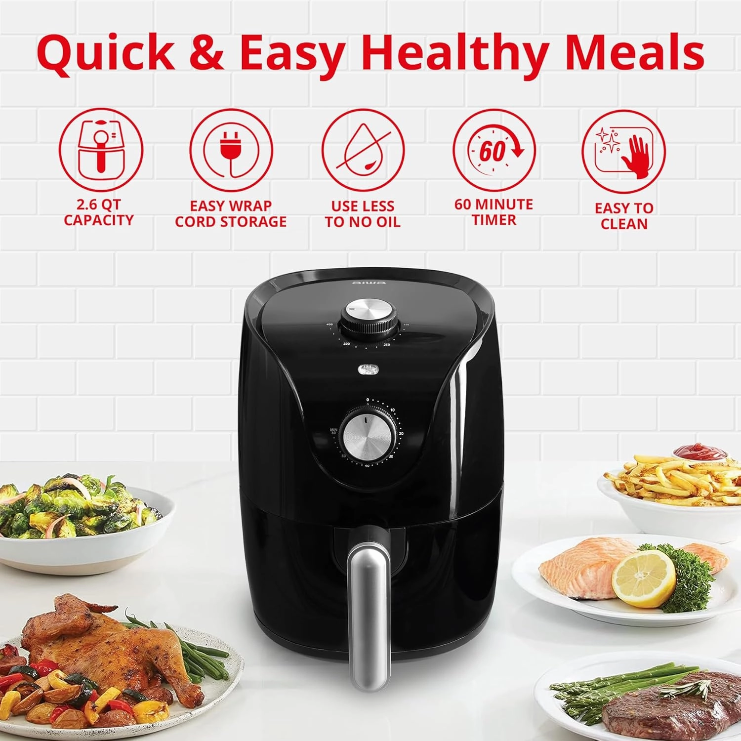 Aiwa Compact Air Fryer, 2.6 Qt, 1200W Electric with 400F Fast Heating, 360 Convection Cooking, 60 Minute Timer, Easy Clean Design for Oil-Free Crispy Meals