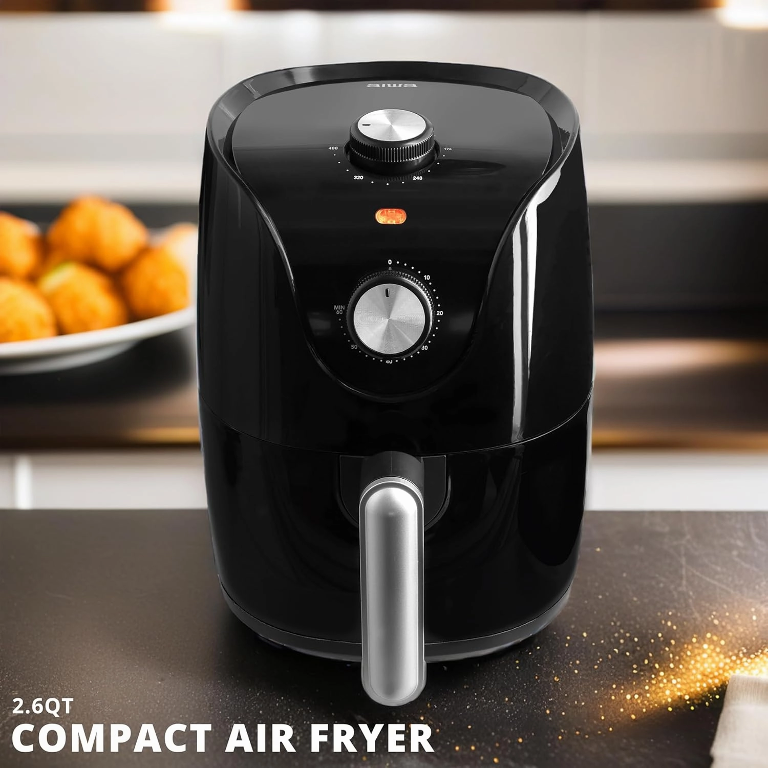 Aiwa Compact Air Fryer, 2.6 Qt, 1200W Electric with 400F Fast Heating, 360 Convection Cooking, 60 Minute Timer, Easy Clean Design for Oil-Free Crispy Meals