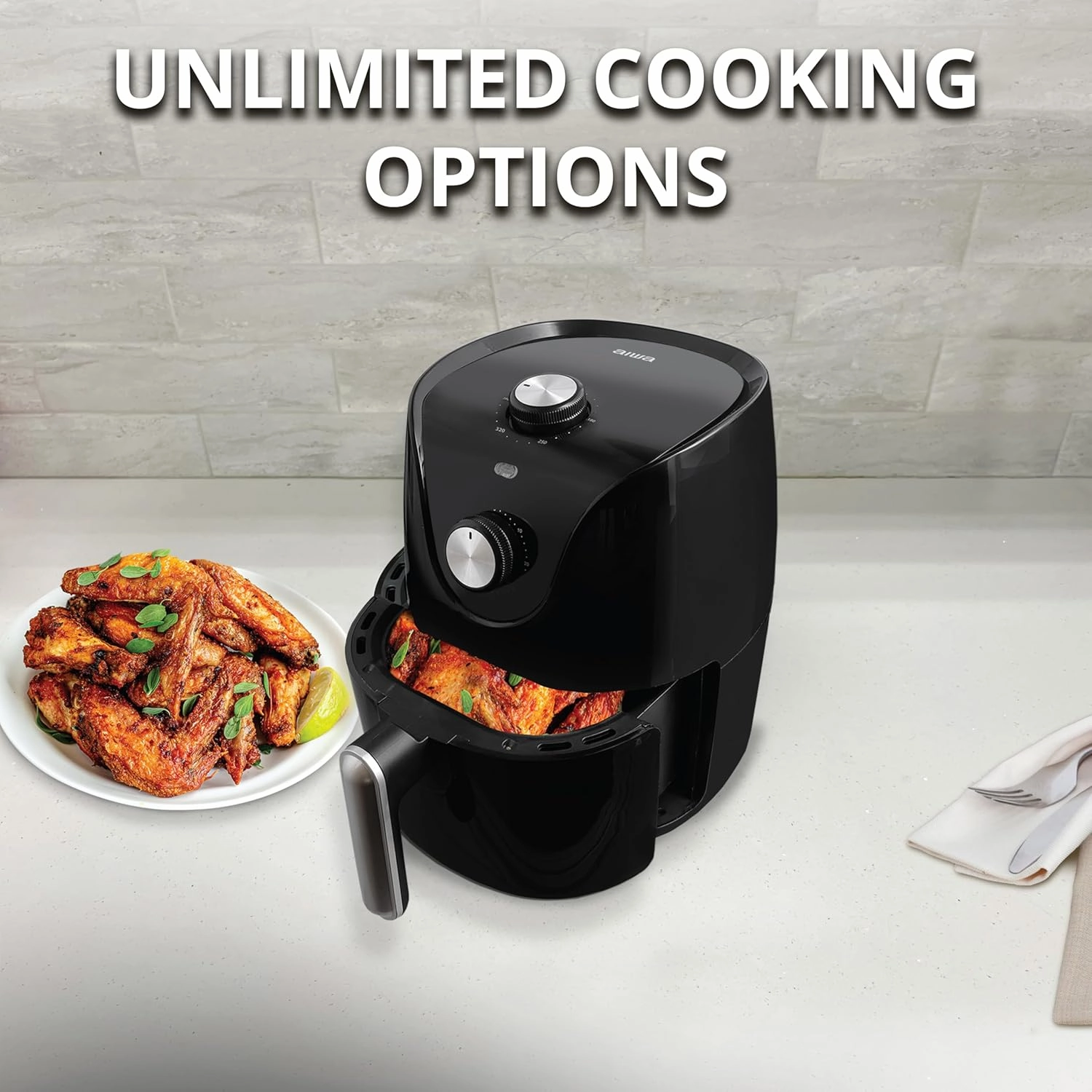 Aiwa Compact Air Fryer, 2.6 Qt, 1200W Electric with 400F Fast Heating, 360 Convection Cooking, 60 Minute Timer, Easy Clean Design for Oil-Free Crispy Meals