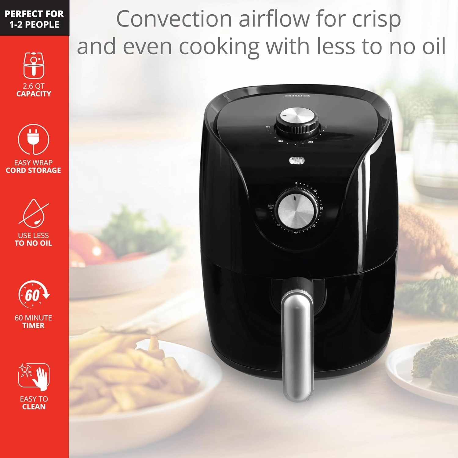 Aiwa Compact Air Fryer, 2.6 Qt, 1200W Electric with 400F Fast Heating, 360 Convection Cooking, 60 Minute Timer, Easy Clean Design for Oil-Free Crispy Meals