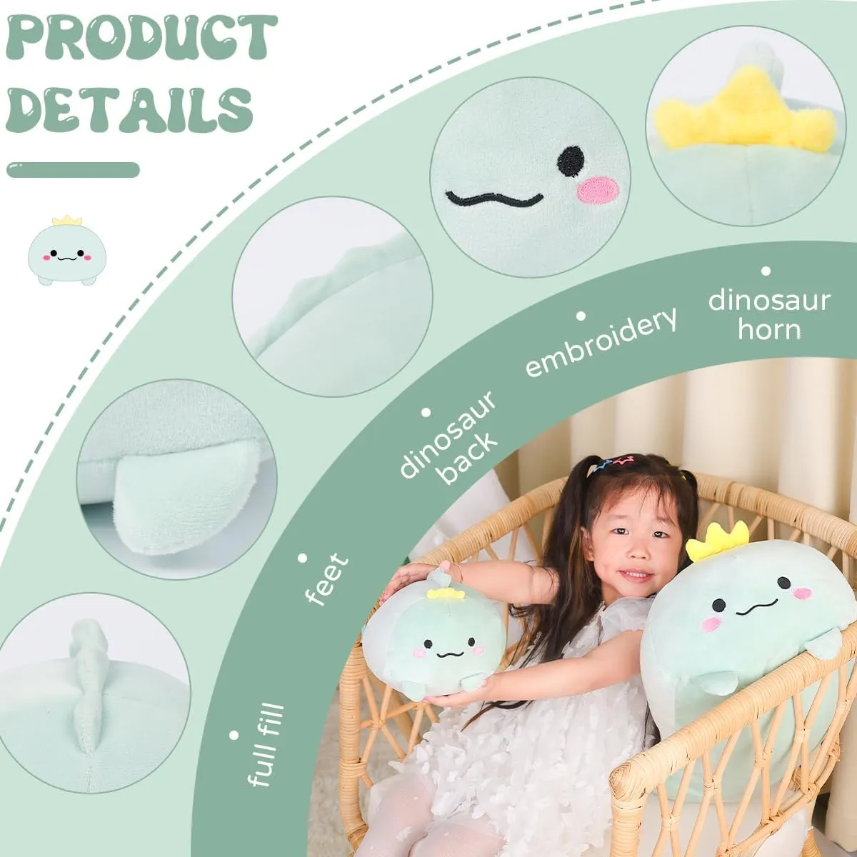 AIXINI 23.6 inch Cute Dinosaur Plush Stuffed Animal Cylindrical Body Pillow,Super Soft Cartoon Hugging Toy Gifts