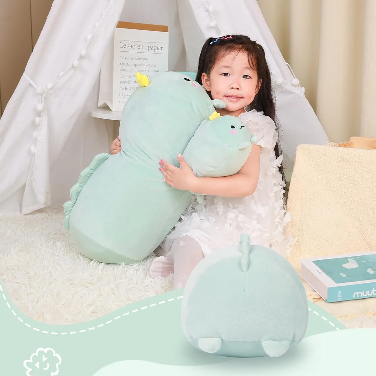 AIXINI 23.6 inch Cute Dinosaur Plush Stuffed Animal Cylindrical Body Pillow,Super Soft Cartoon Hugging Toy Gifts