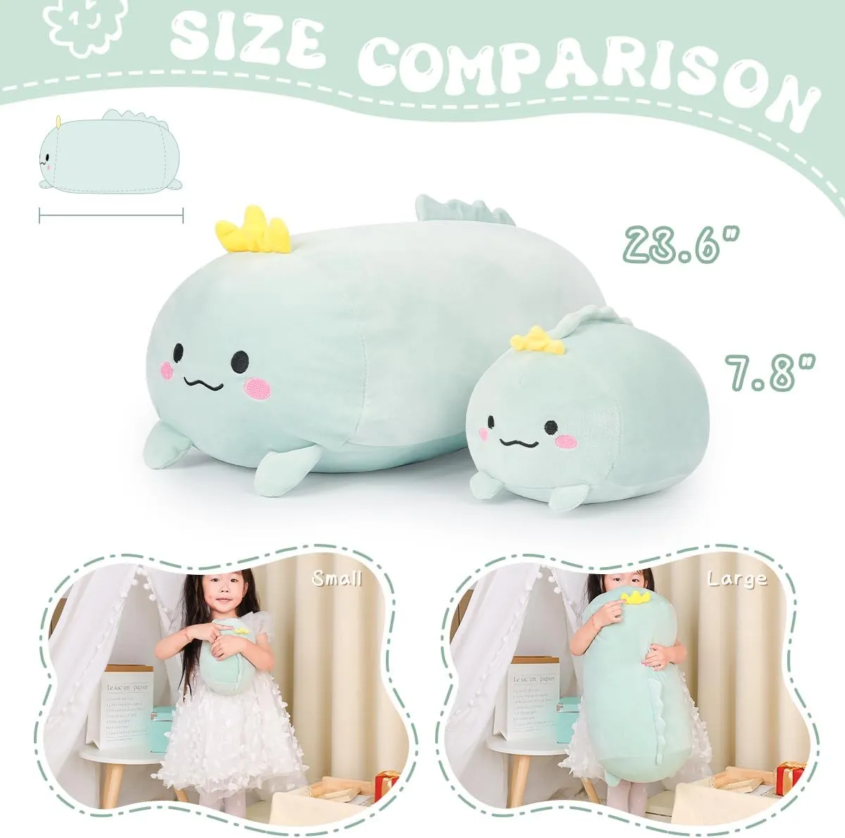AIXINI 23.6 inch Cute Dinosaur Plush Stuffed Animal Cylindrical Body Pillow,Super Soft Cartoon Hugging Toy Gifts