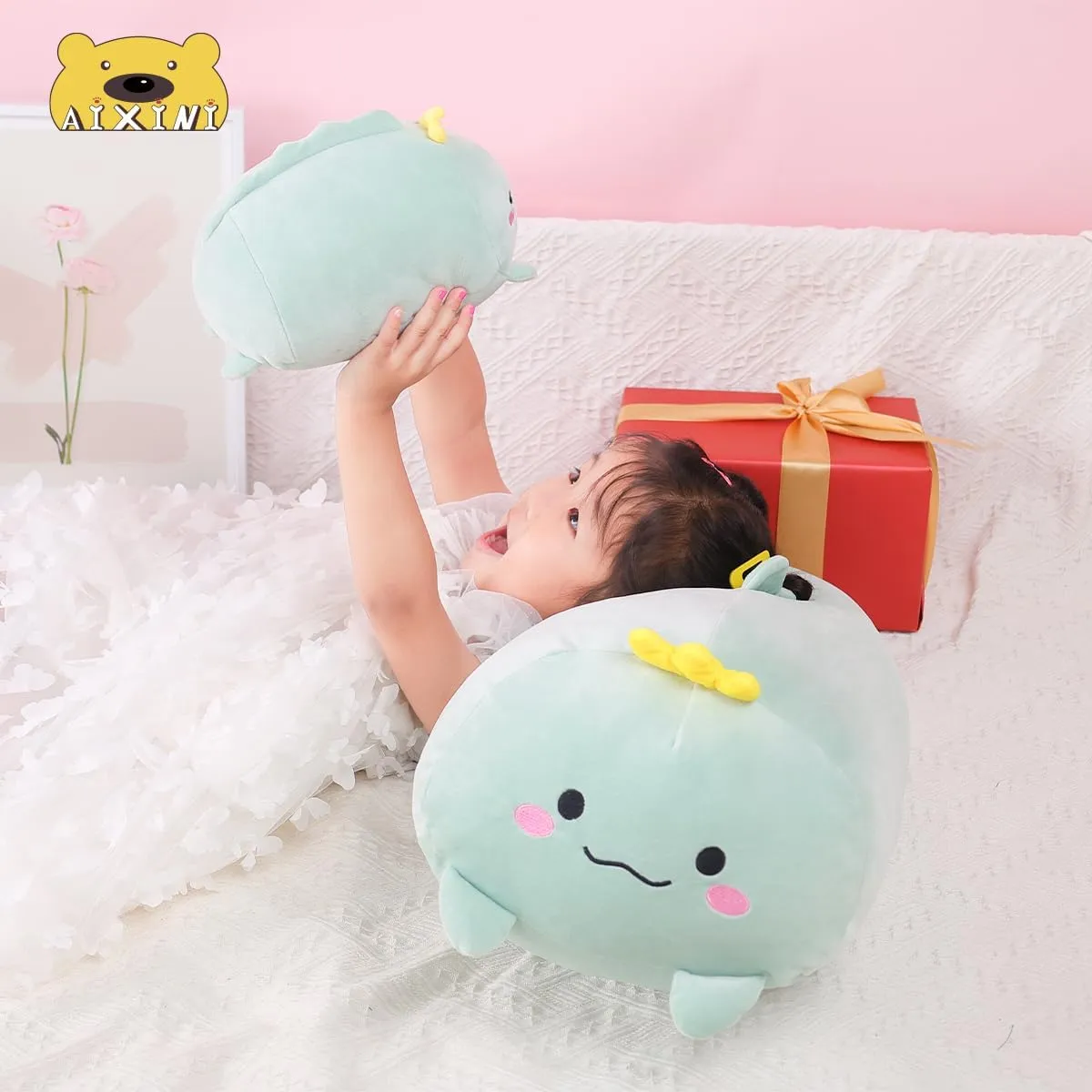 AIXINI 23.6 inch Cute Dinosaur Plush Stuffed Animal Cylindrical Body Pillow,Super Soft Cartoon Hugging Toy Gifts