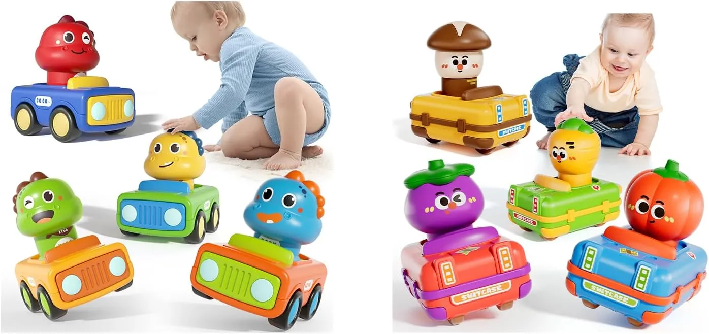 ALASOU 4 PCS Dinosaur and 4 PCS Vegetable Car Toys for Infant and Toddlers