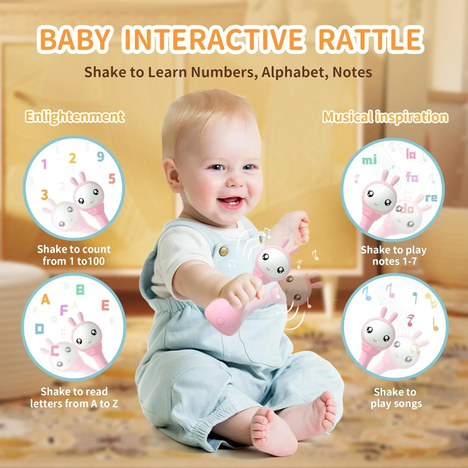 alilo Yoyo Talking Bunny Baby Musical Light-Up Rattle Toys 0-6-12-18 Months, Voice Mimicking Toy, Preloaded 90  Audio Content, ABC/Number/Notes Learning Toys for Baby Infant Newborn Boy Girl Gifts