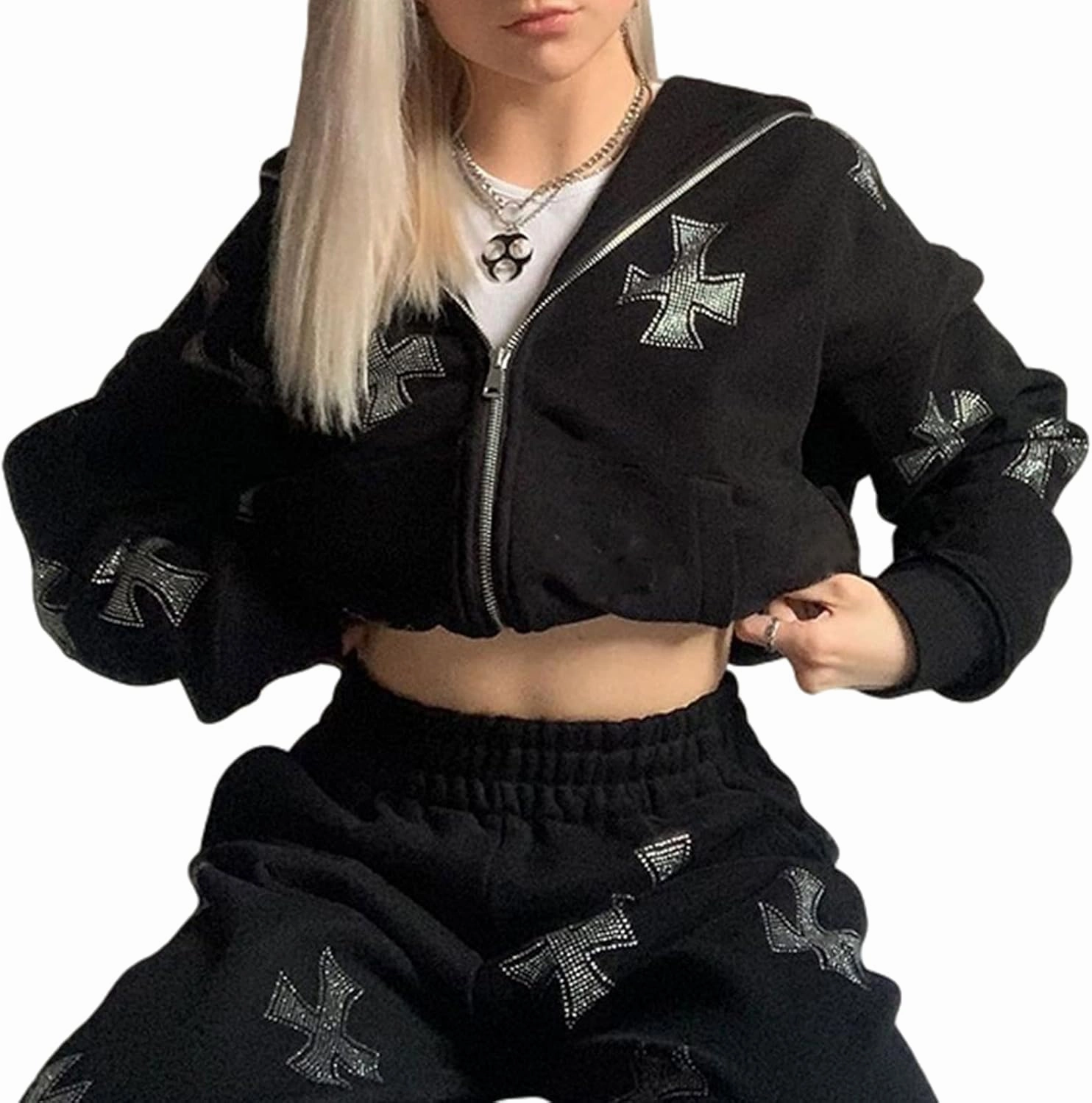 Alt Emo Clothes Women Oversized Zip Up Hoodies Rhinestone Y2k Aesthetic Skeleton Sweatshirts Grunge Gothic Jacket Streetwear