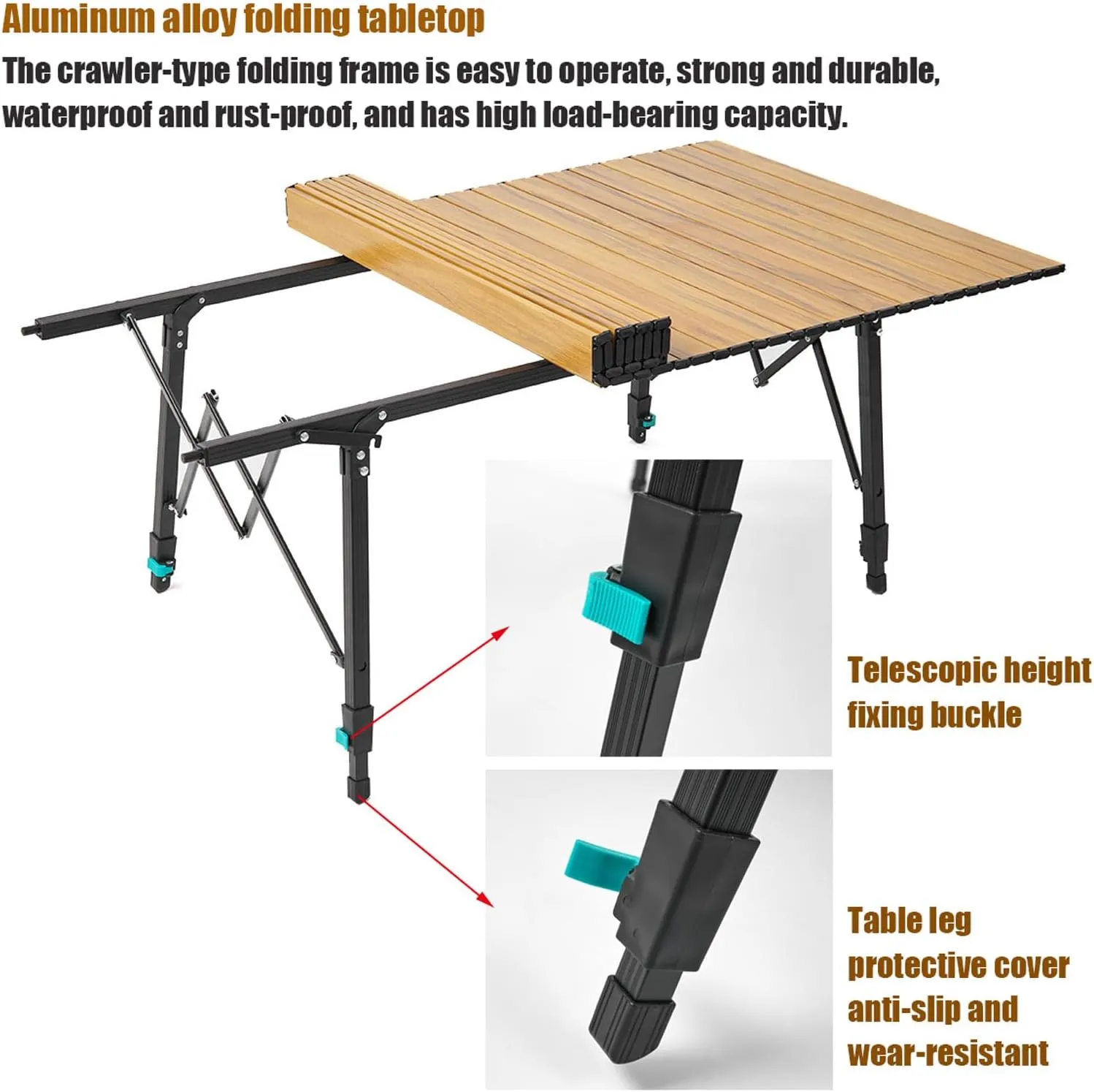 Aluminum Camping Folding Table Chairs, Rectangle Adjustable Height Roll Up Table Outdoor Folding Table Portable Camping Chiar Set for Picnic Beach BBQ Cooking