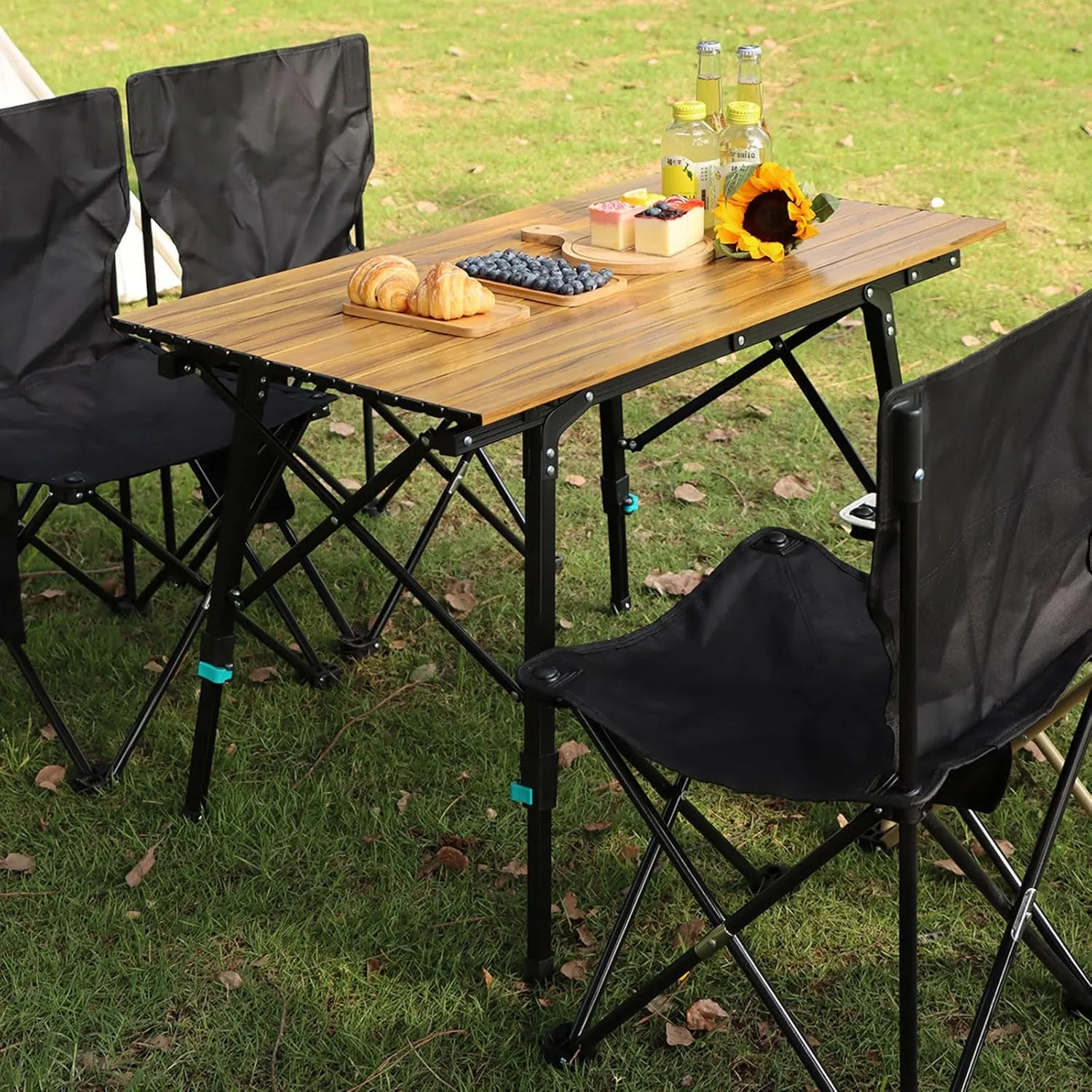 Aluminum Camping Folding Table Chairs, Rectangle Adjustable Height Roll Up Table Outdoor Folding Table Portable Camping Chiar Set for Picnic Beach BBQ Cooking