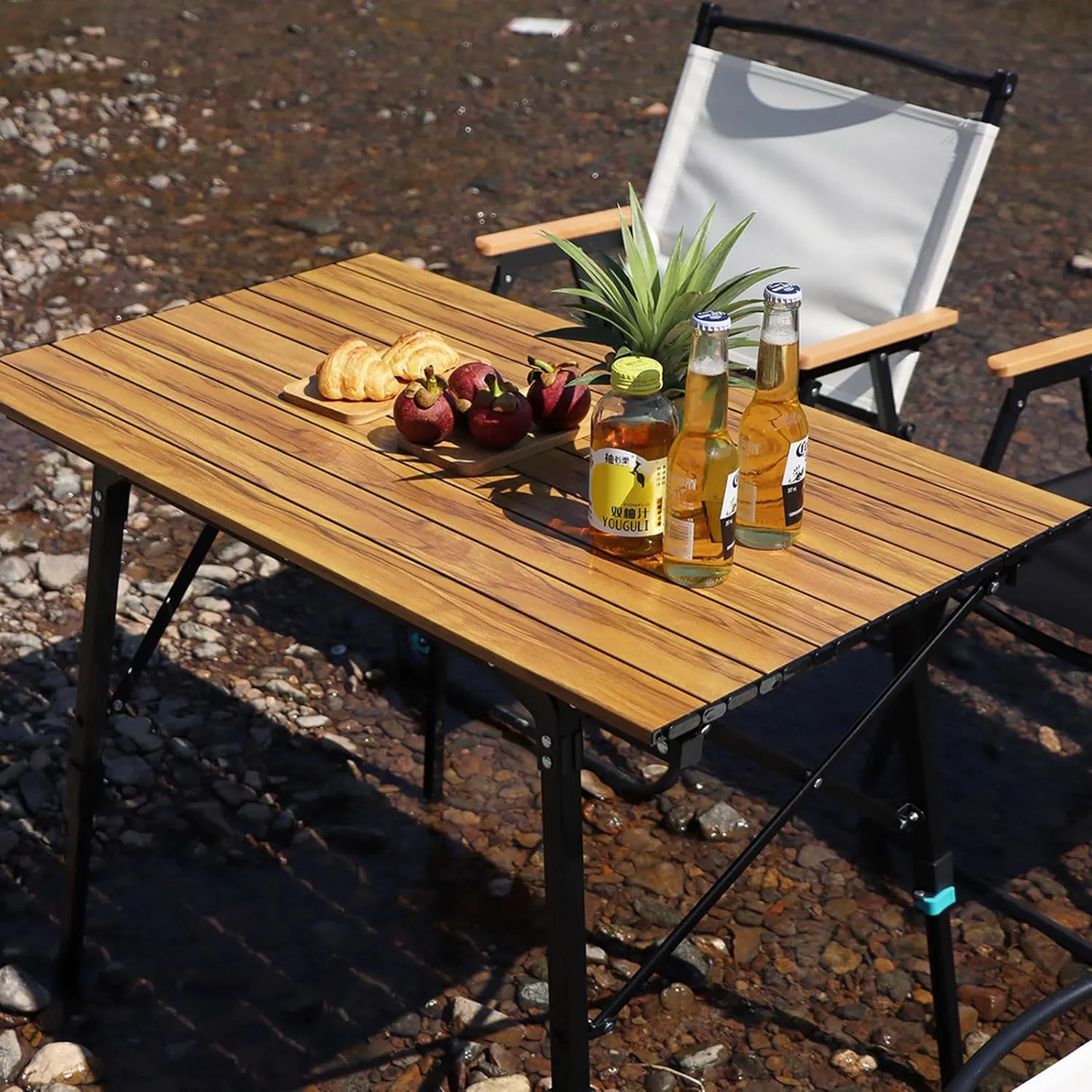 Aluminum Camping Folding Table Chairs, Rectangle Adjustable Height Roll Up Table Outdoor Folding Table Portable Camping Chiar Set for Picnic Beach BBQ Cooking