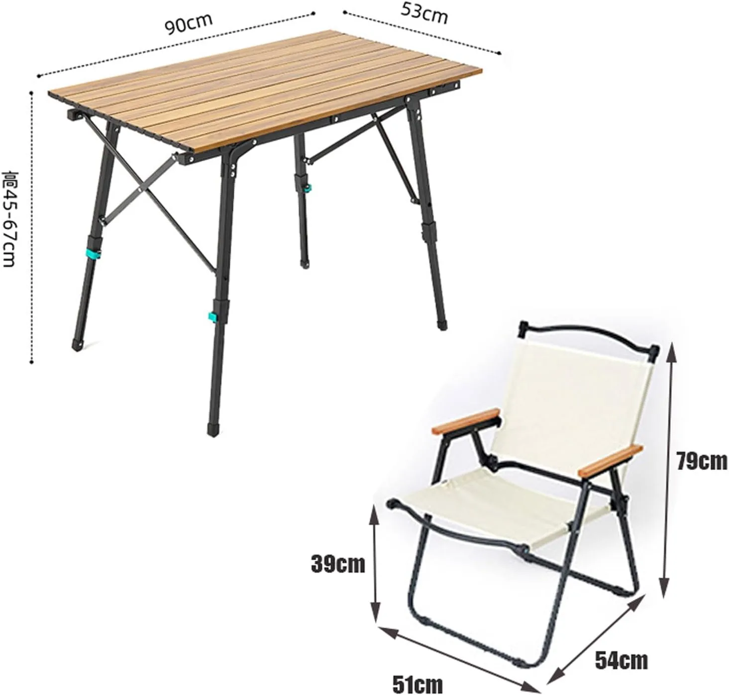 Aluminum Camping Folding Table Chairs, Rectangle Adjustable Height Roll Up Table Outdoor Folding Table Portable Camping Chiar Set for Picnic Beach BBQ Cooking