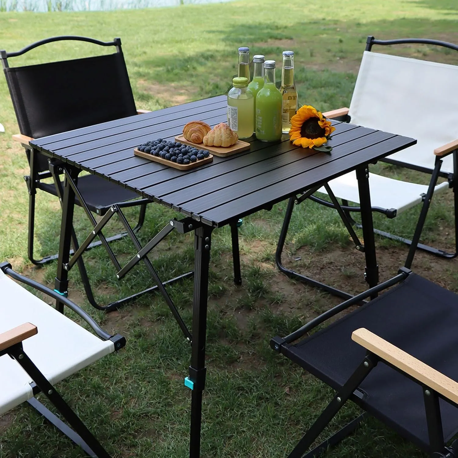 Aluminum Camping Folding Table Chairs, Rectangle Adjustable Height Roll Up Table Outdoor Folding Table Portable Camping Chiar Set for Picnic Beach BBQ Cooking