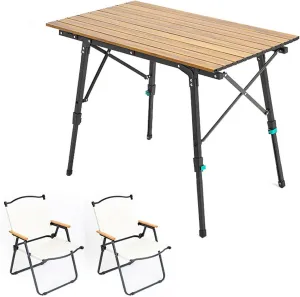 Aluminum Camping Folding Table Chairs, Rectangle Adjustable Height Roll Up Table Outdoor Folding Table Portable Camping Chiar Set for Picnic Beach BBQ Cooking