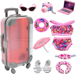 American Doll Travel Suitcase Play Set for Girl 18 Inch Doll, Travel Carrier Luggage Doll Clothes Sunglasses Camera Laptop Pillow, Pretend Play Toys Gift for Birthday, Christmas, Party, More